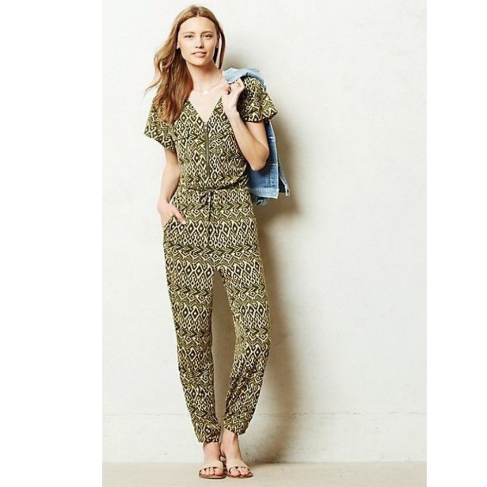 Anthropologie jumpsuit black and cream tribal print